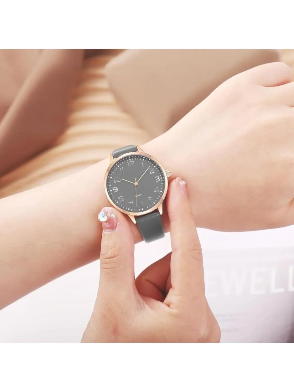 Women's All Grey Analog Case Quartz Fashion Leather Mesh Strap Round Wrist Watch